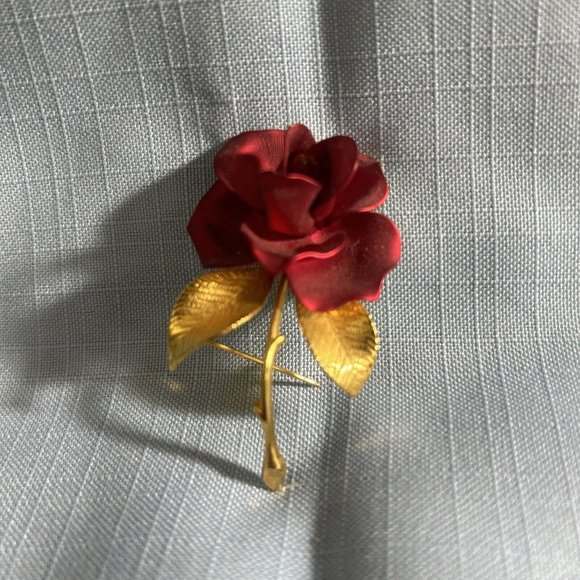 CERRITO Enamel Red Rose Flower Brooch Pin Vintage Approx 2.5" - Picture 5 of 10